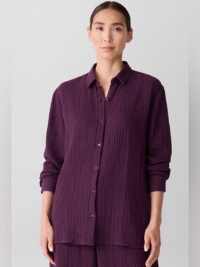 Eileen Fisher Women’s 100% Silk Pleated Button Front Blouse Top Size L Purple